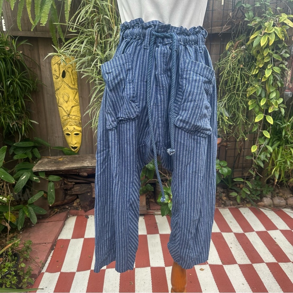 Free people Striped Blue and white Drawstring Pants Sz XS beach